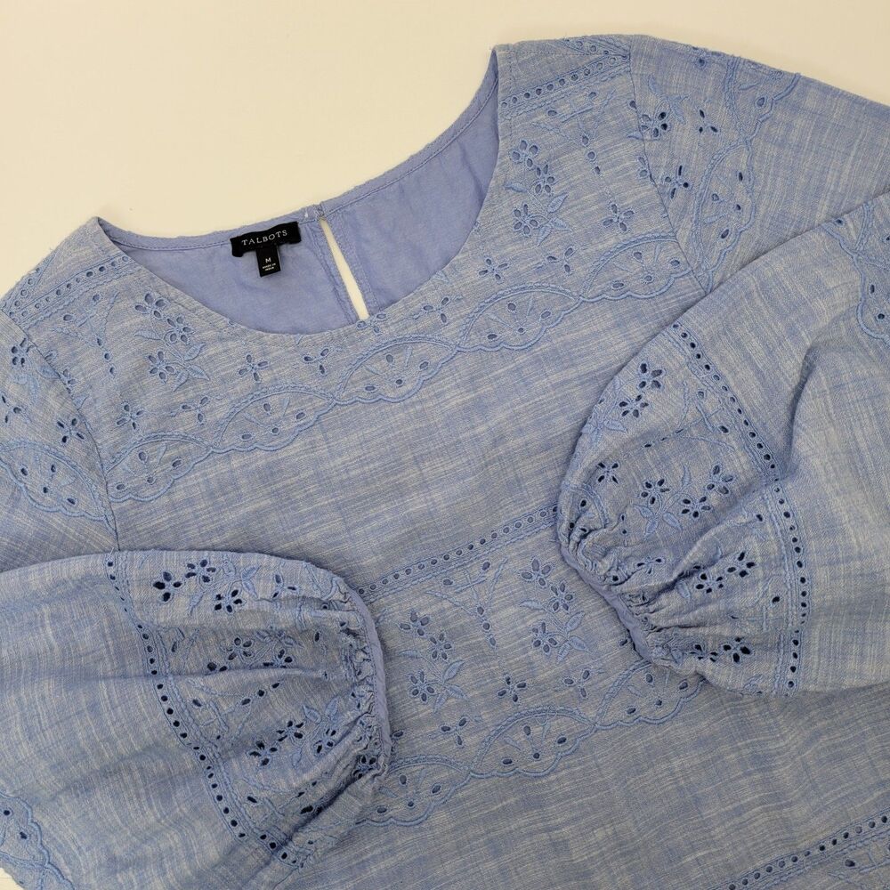 Talbots Blue Eyelet Embroidered Blouse Balloon 3/4 Sleeves Lined Side Zipper M